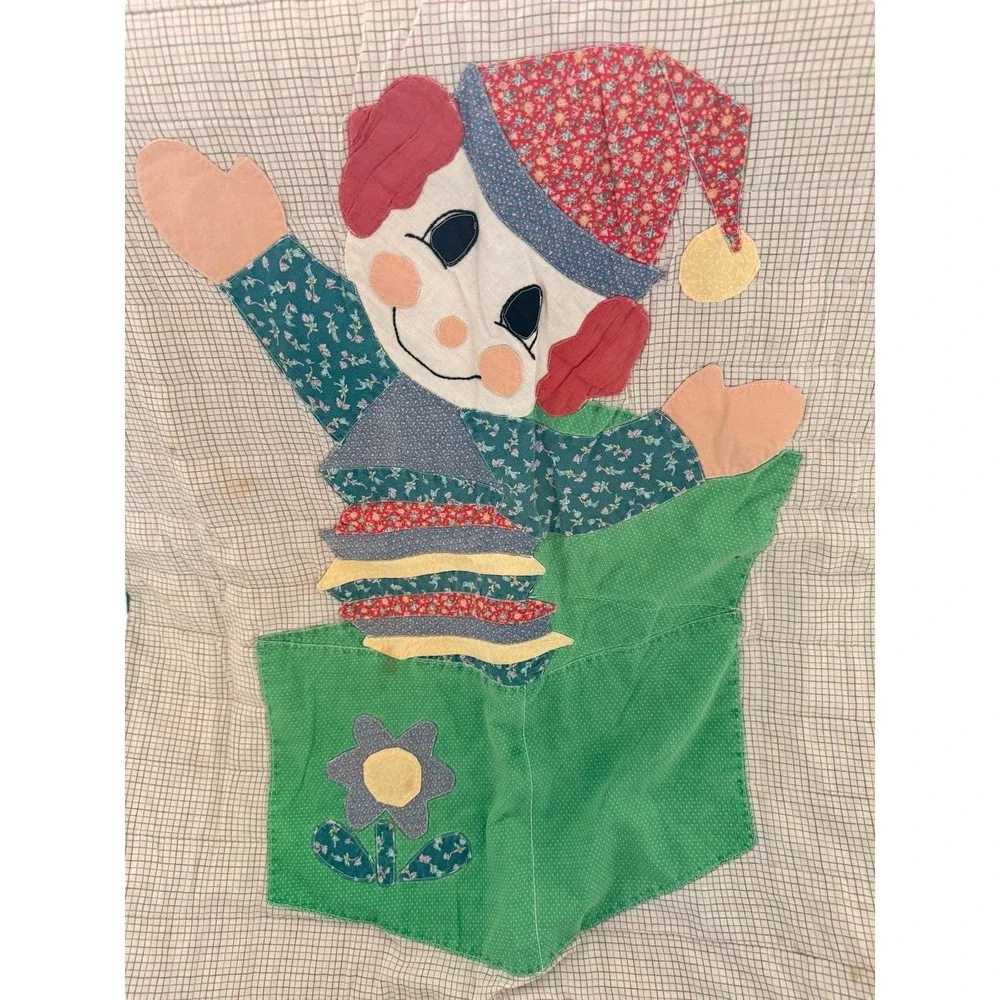 VTG Baby Crib Blanket Circus Clown in Box Handmade Quilt Panel Cutter Fabric T